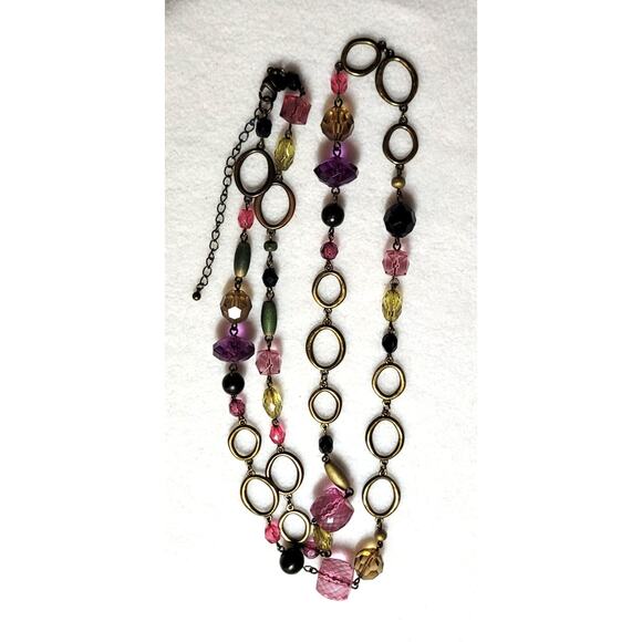 Lia Sophia Ole Strand Pink Faceted Beaded Bronze Chain Metal Rings Necklace Y2K - Picture 4 of 6